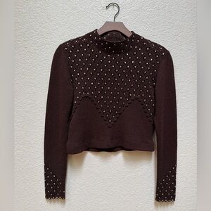 Brown Rhinestone Embellished Pointelle Knit Sweater | Boho Lace Detail